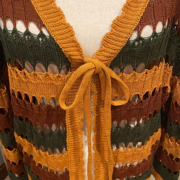 Cider Knit V-Neck Striped Knotted Crochet Boho Flare Sleeve Cardigan Sweater XL - Picture 8 of 15